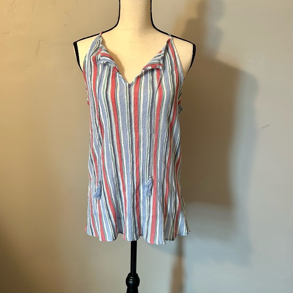 Chaps Split Neck Tank Top Size XL Sheer Crinkle Tassels Muted Red, White, Blue